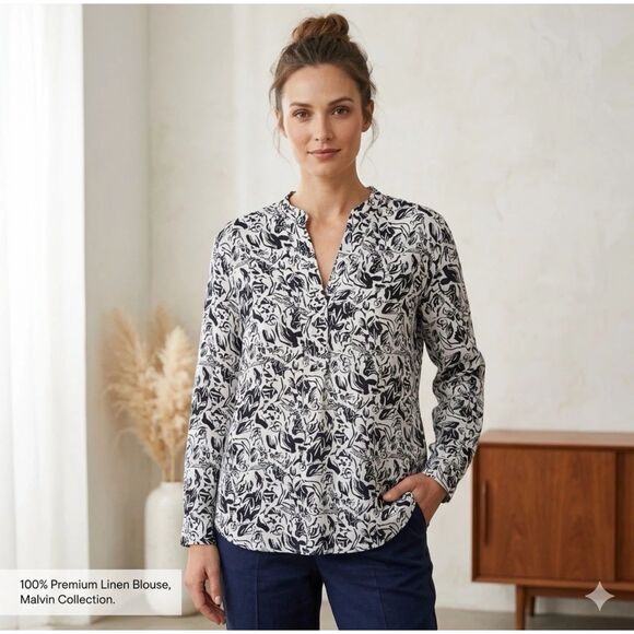 Malvin Tops - Malvin I Love Linen Shirt Womens M Floral V Neck Tunic Blouse Bell Sleeve Boho